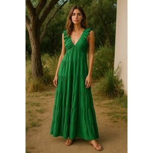 Jason Wu Womens Dress Size XL Green Linen Ruffle Maxi Cottage Boho Chic Romantic